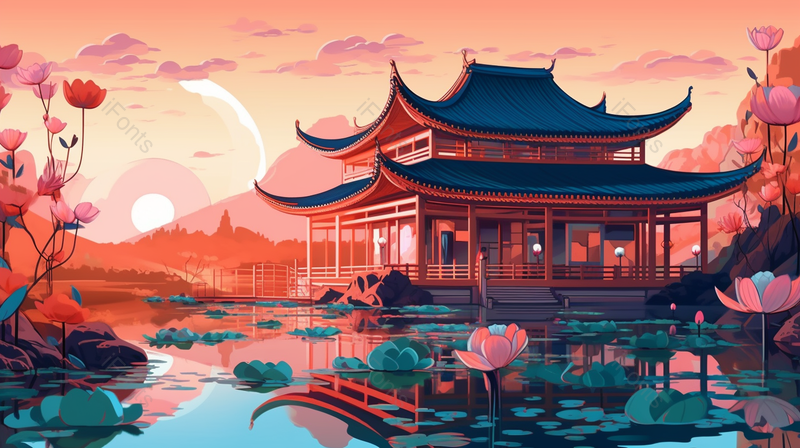 莲花池户外夕阳风景山水画,插画/手绘图,插画/手绘图库,插画/手绘图下载,插画/手绘